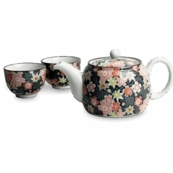 Thee Set 3-delig Bloemenpatroon Zwart Roze