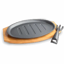 Gietijzeren Steakplaat Ovaal Met Houten Onderzetter 29cm