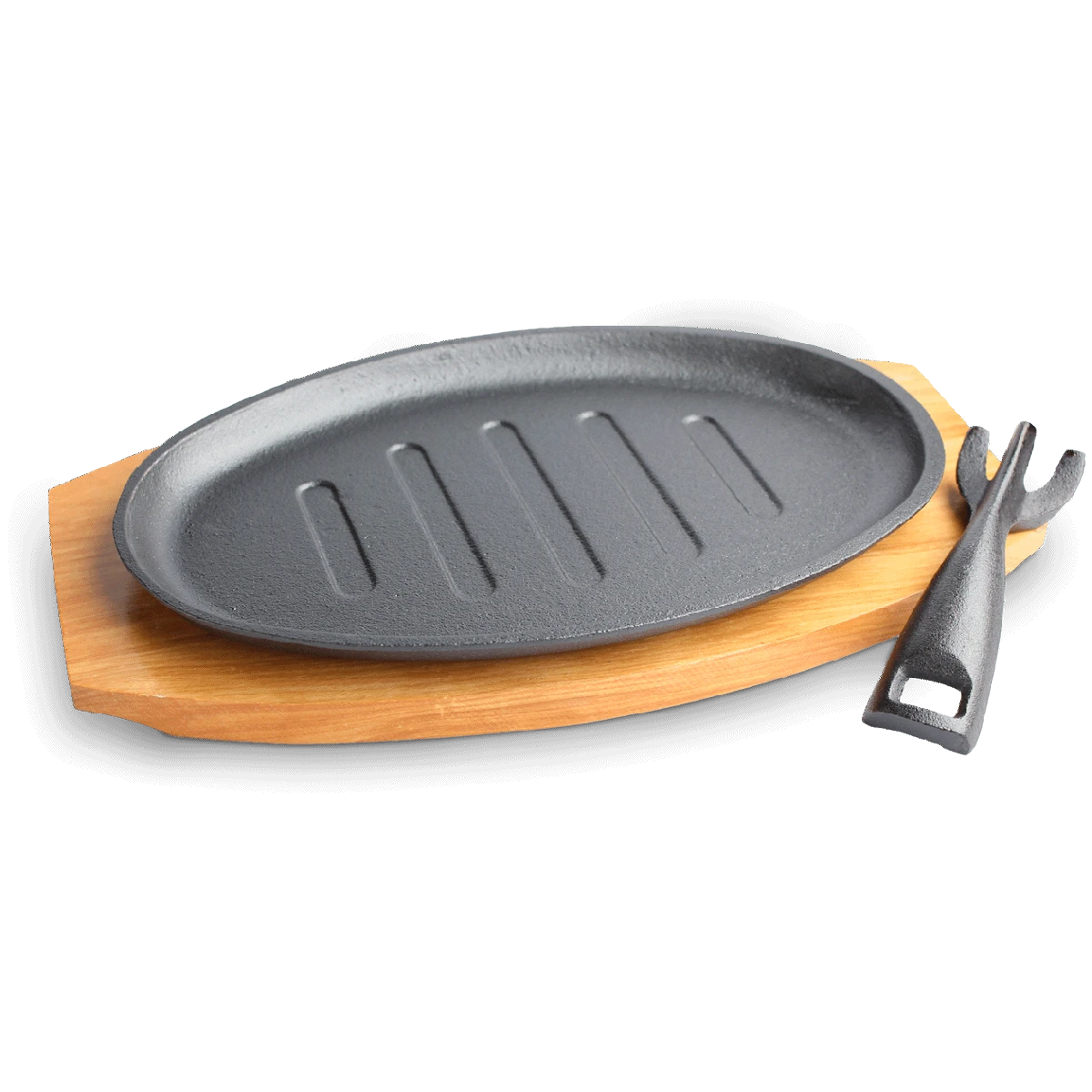 Gietijzeren Steakplaat Ovaal Met Houten Onderzetter 29cm 1 Gietijzeren Steakplaat Ovaal Met Houten Onderzetter 29cm