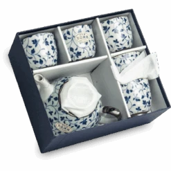 Thee Set 5-delig Bloemenpatroon Blauw Wit Geschenkverpakking -Oriental Webshop doos 2 thee set